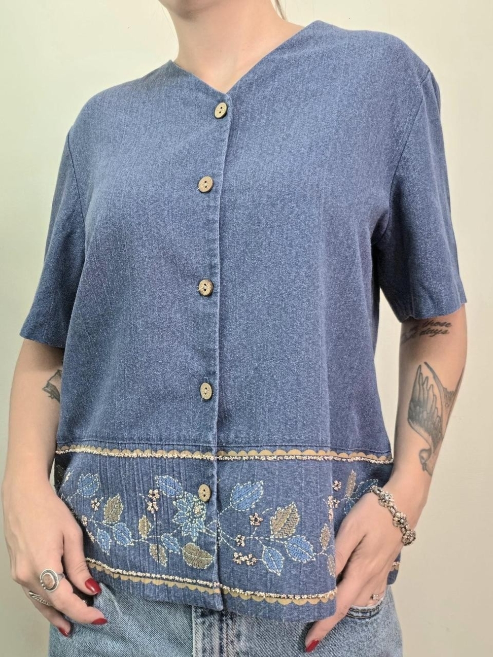Classic Embroidered Blue Button-Front Women’s Top